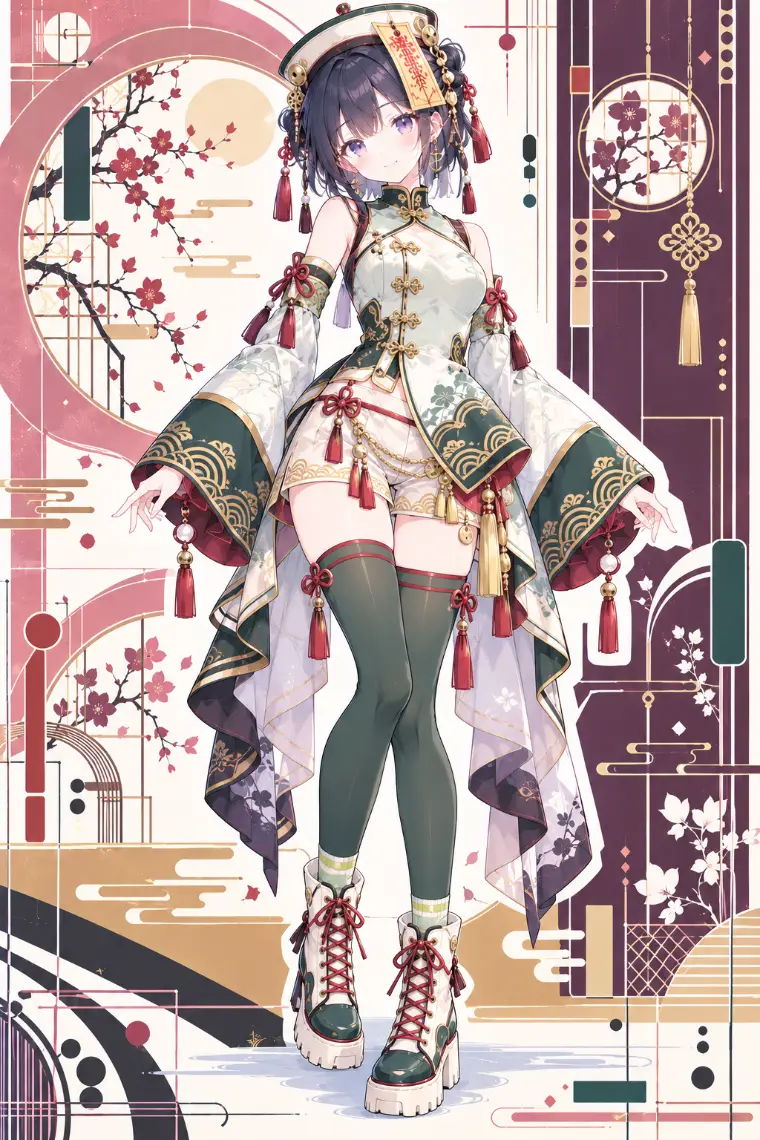 AIイラスト版｜淡翡翠の波柄チャイナチュニック、生成りショーツ、濃緑のサイハイ、厚底ブーツ