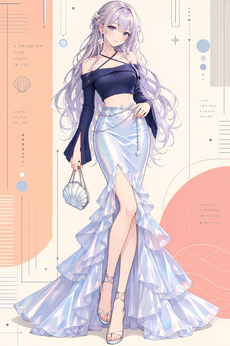 AIイラスト版｜ネイビーのオフショルニットと光沢のある水色マーメイドスカート、貝型バッグを合わせたマーメイドコア