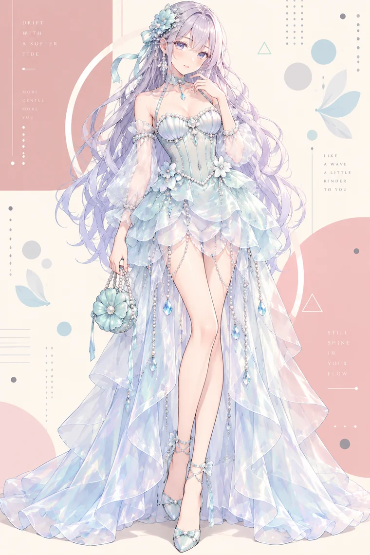 AIイラスト版｜淡い青緑の花飾りコルセットと花弁スカート、床丈のシアーパネルを重ねたマーメイドコア