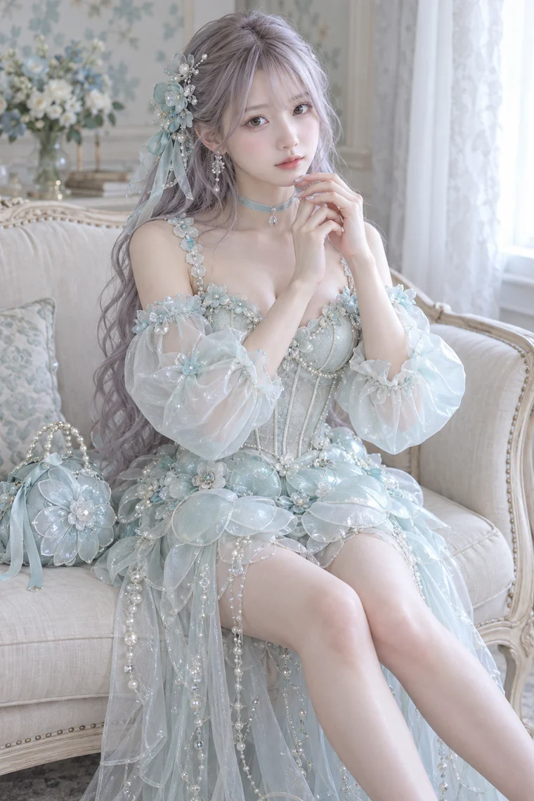 実写AI版｜淡い青緑の花飾りコルセットと透ける花弁スカートを合わせたマーメイドコア
