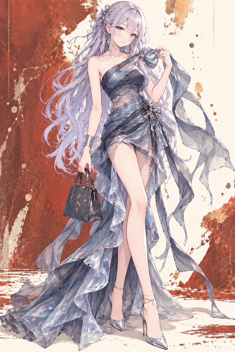 AIイラスト版｜チャコールとブルーのワンショルミニドレスに透ける螺旋トレーンを重ねたコーデ
