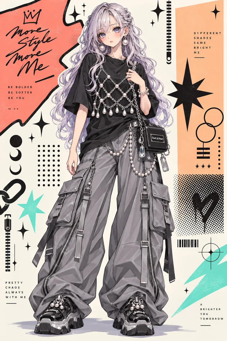 AIイラスト版｜黒Tシャツとグレーのワイドカーゴパンツにパールとチェーンを合わせたコーデ