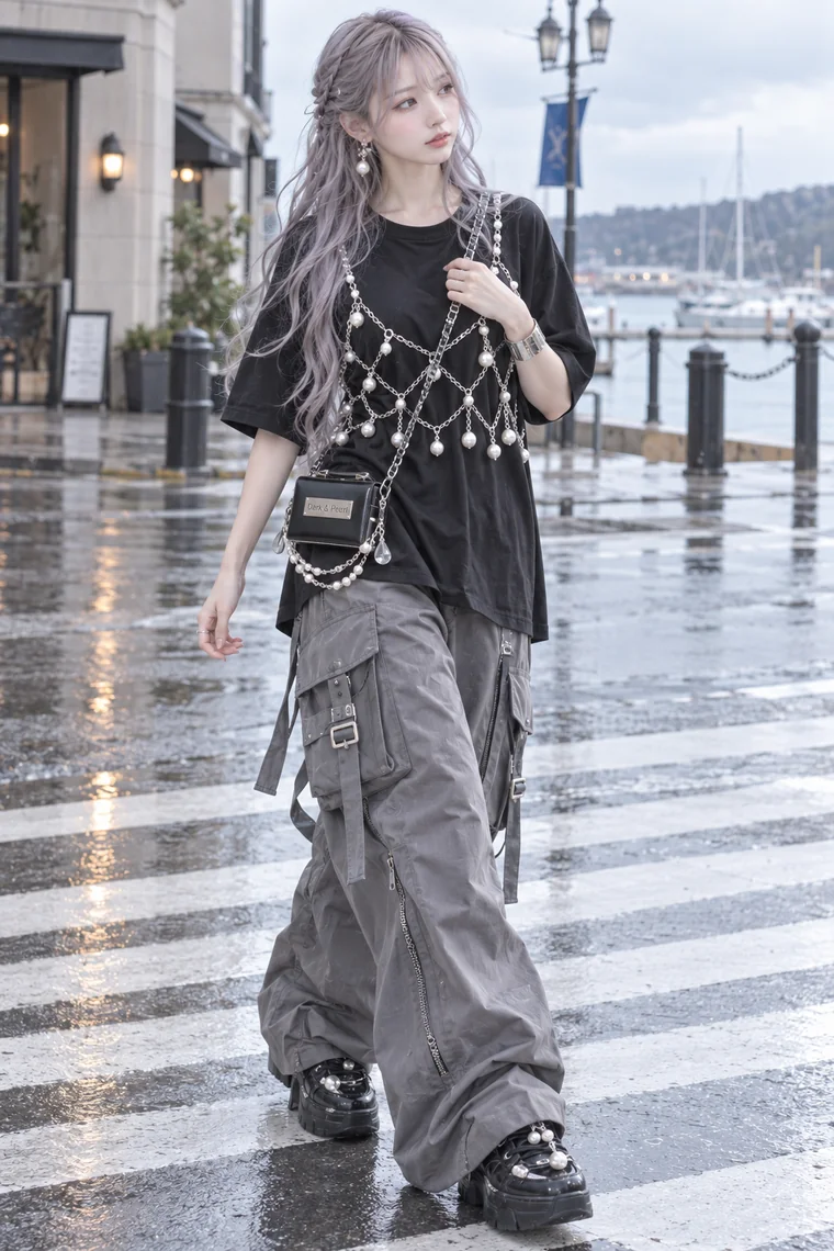 実写AI版｜黒Tシャツとグレーのワイドカーゴパンツにパールとチェーンを合わせたコーデ