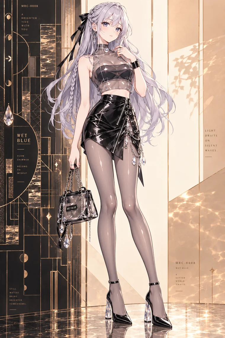 AIイラスト版｜スモークグレーの透明トップスと黒エナメルの非対称ミニスカートにチェーンを合わせたコーデ