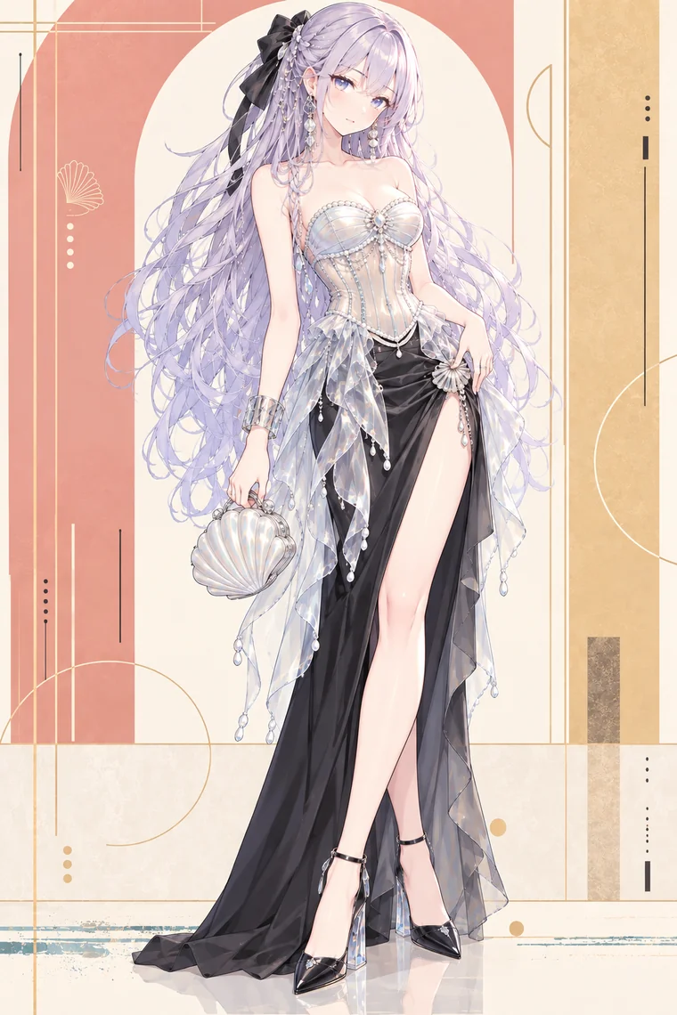 AIイラスト版｜白のコルセットと深いスリットの黒ロングスカートに貝型クラッチを合わせたコーデ