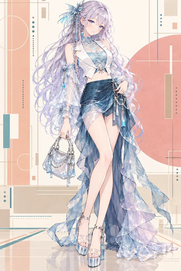 AIイラスト版｜アクアのシアートップスと白ベスト、青緑の螺旋フリルスカートのマーメイドコア