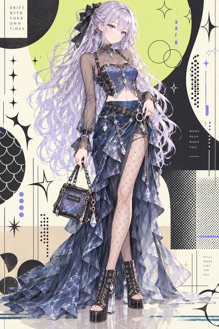 AIイラスト版｜黒の魚鱗模様コルセットと濃紺のスリットスカート、黒の厚底ブーツのマーメイドコア