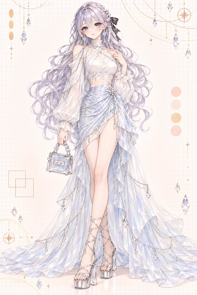 AIイラスト版｜白のシアーブラウスと水色のラップスカート、シルバーの巻き紐サンダルを合わせたマーメイドコア