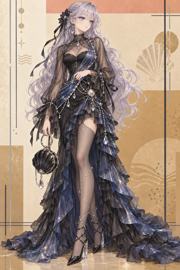 AIイラスト版｜黒のシアーブラウスとビスチェに濃紺のフリルトレーンと真珠チェーンを合わせたコーデ
