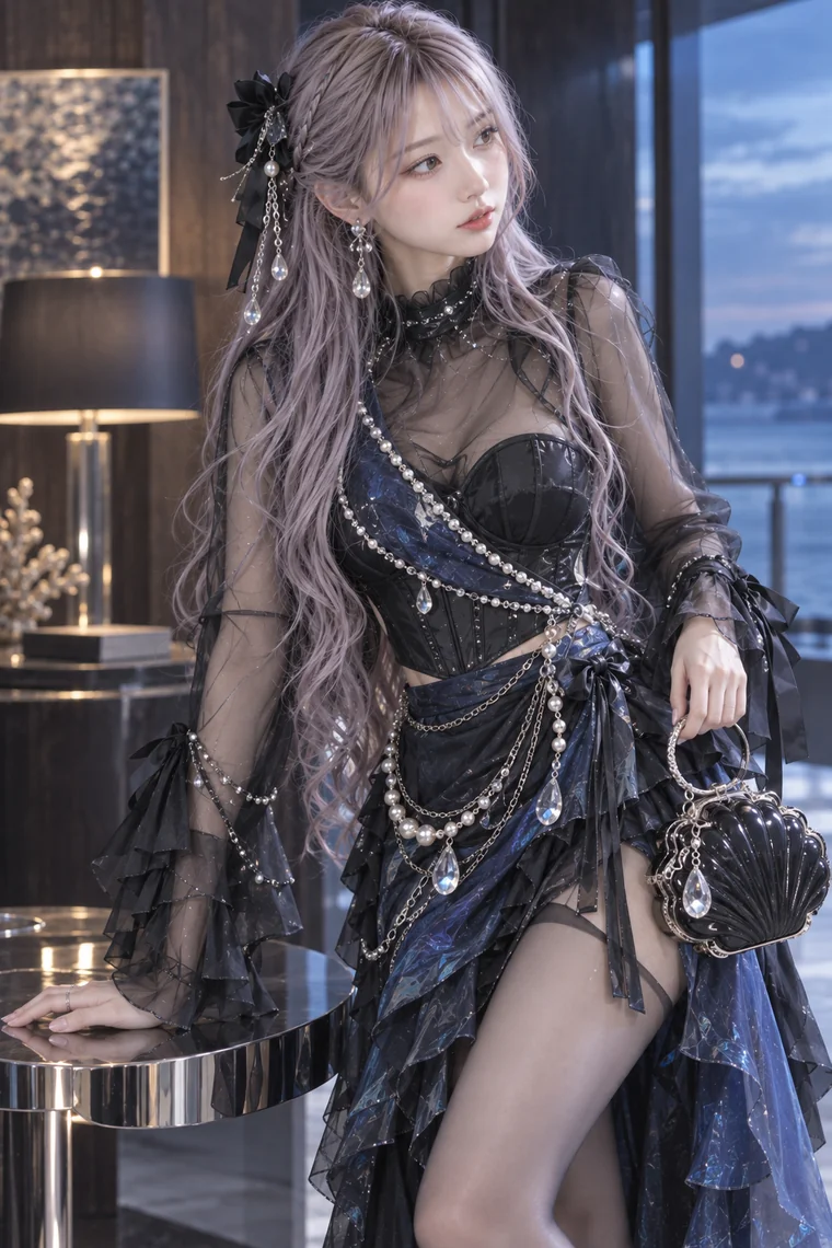 実写AI版｜黒のシアーブラウスとビスチェに濃紺のフリルスカートと真珠チェーンを合わせたコーデ