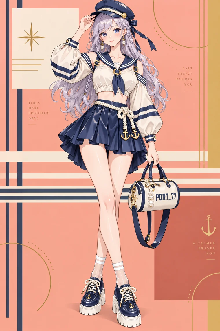 AIイラスト版｜白のセーラーブラウスとネイビーのプリーツミニにセーラーキャップを合わせたコーデ