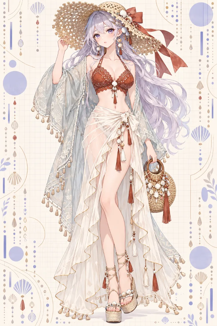 AIイラスト版｜赤錆色のクロシェブラレットと白マキシスカートにシアー羽織と麦わら帽子を合わせたコーデ