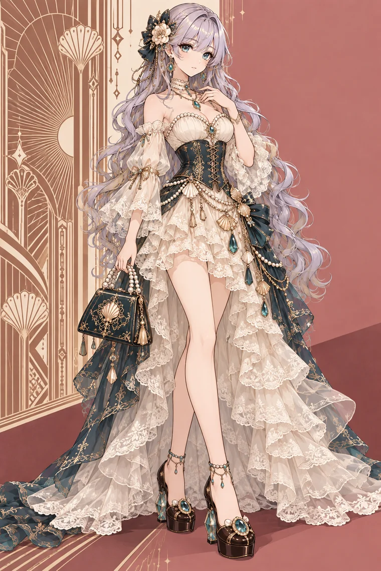 AIイラスト版｜白の段フリルドレスに青緑のコルセットと金の装飾を合わせた華やかなコーデ