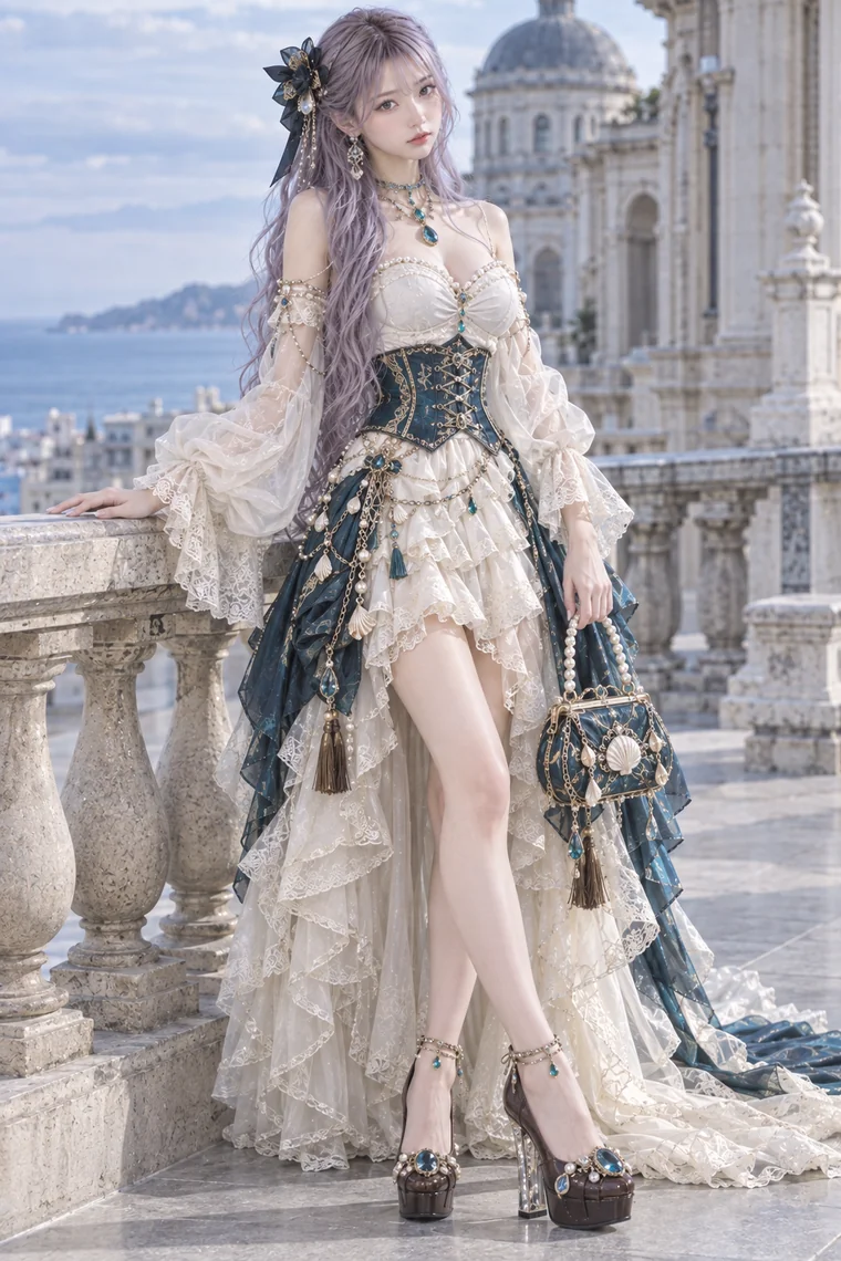 実写AI版｜白のレースフリルドレスに青緑のコルセットと金の装飾を合わせた華やかなコーデ