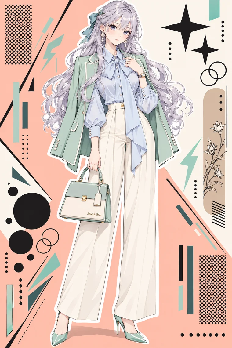 AIイラスト版｜肩掛けのミントジャケットと水色のボウタイブラウスに白ワイドパンツを合わせたコーデ