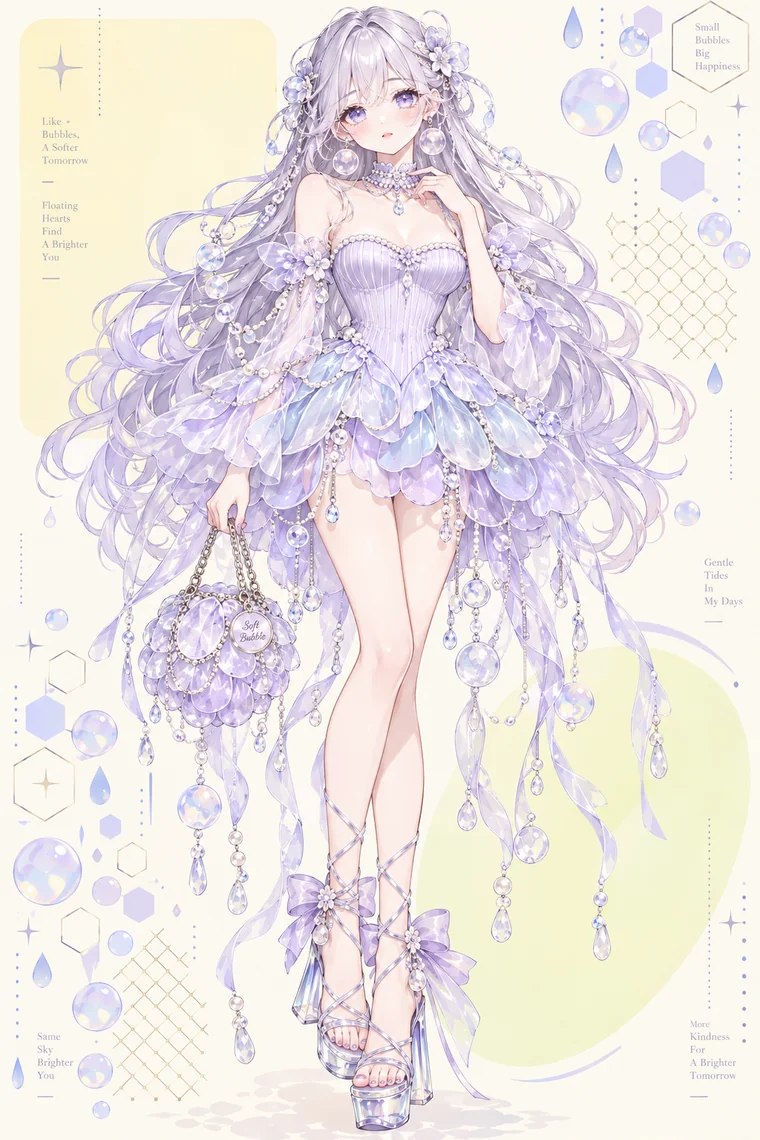 AIイラスト版｜ラベンダーのコルセットと花弁ミニスカート、クラゲのような長い垂れ飾りのマーメイドコア