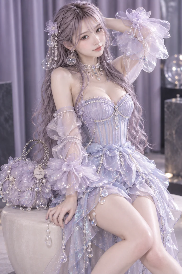 実写AI版｜ラベンダーのコルセットと透ける花弁スカート、クラゲ風の装飾を合わせたマーメイドコア
