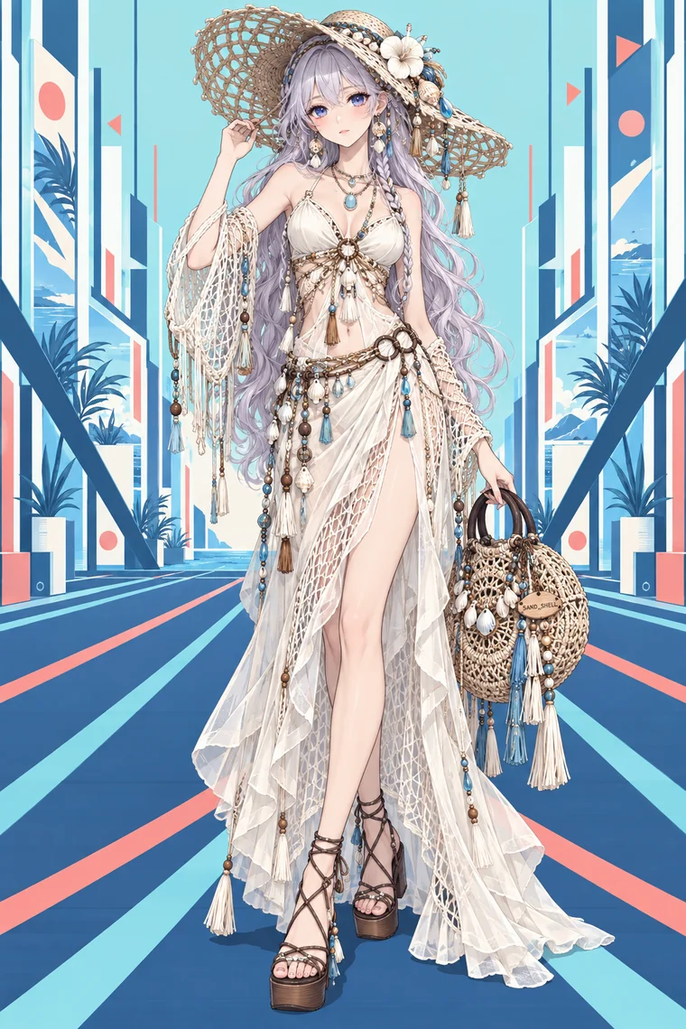 AIイラスト版｜白のロングドレスと貝やタッセルのマクラメ、麦わら帽子のマーメイドコア