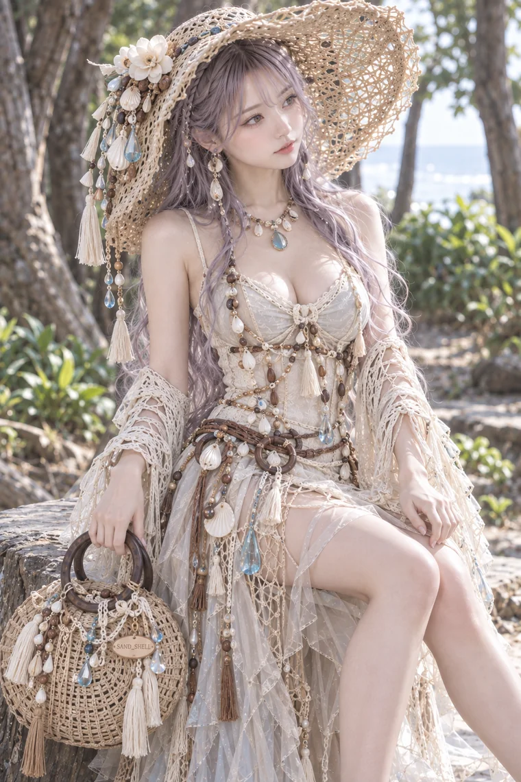 実写AI版｜白のドレスと貝やタッセルのマクラメ、麦わら帽子のマーメイドコア