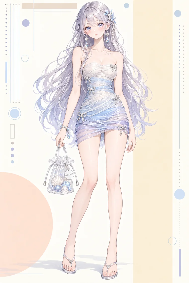 AIイラスト版｜白から水色のオーガンジータイトミニドレス、青い花飾りと透明バッグのマーメイドコア