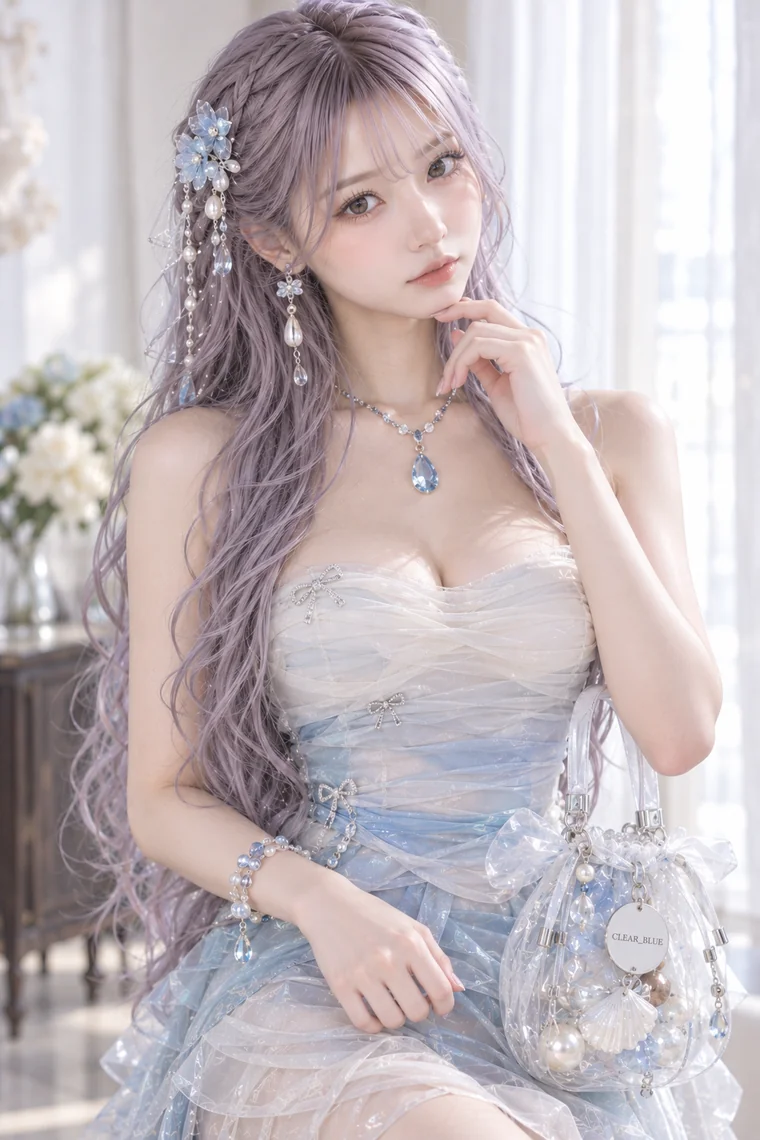 実写AI版｜白から水色のオーガンジーミニドレス、青い花飾りと透明バッグのマーメイドコア