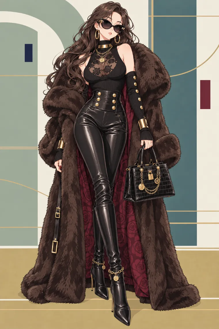AIイラスト版｜ダークブラウンのロングファーコートと黒レザースキニーパンツのモブワイフ・ファッション