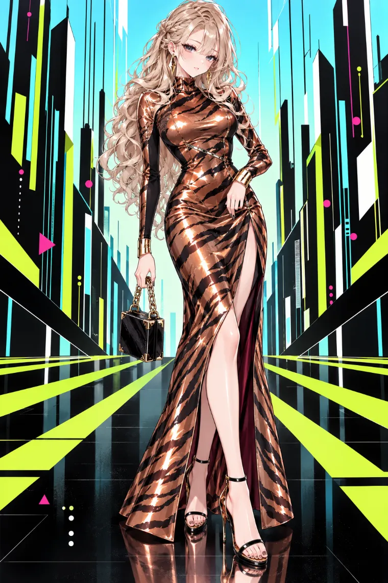 AIイラスト版｜カッパー×黒のタイガー柄メタリックロングドレスのモブワイフ・ファッション