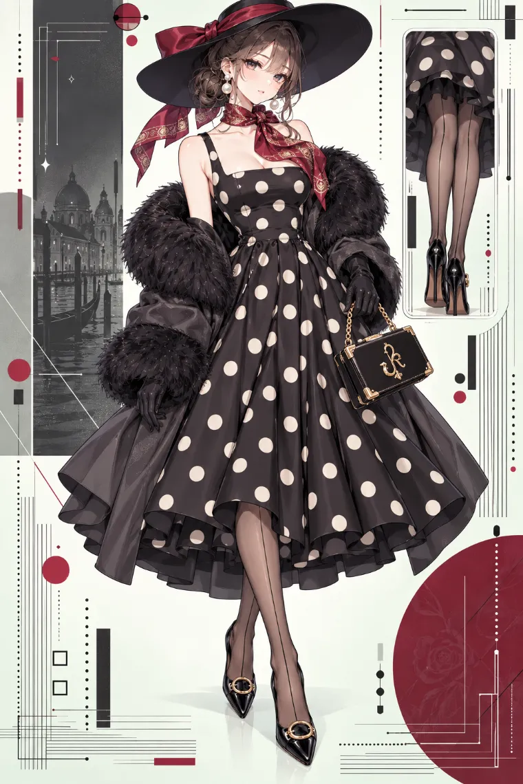 AIイラスト版｜黒ファー付きラップコートと黒×アイボリー水玉ミディドレスのモブワイフ・ファッション
