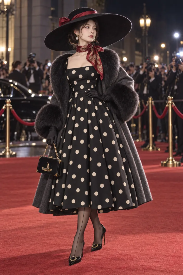実写AI版｜黒ファー付きラップコートと黒×アイボリー水玉ミディドレスのモブワイフ・ファッション