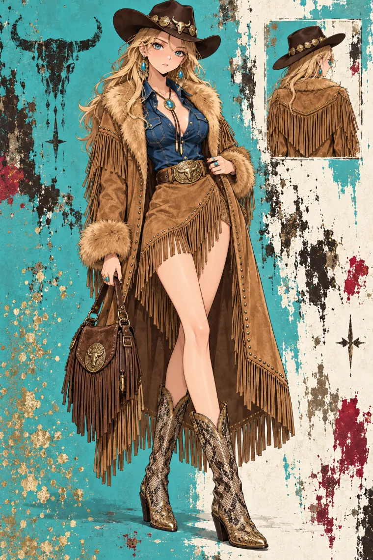 AIイラスト版｜キャメルのフリンジスエードコートとデニムシャツのウェスタン系モブワイフ・ファッション
