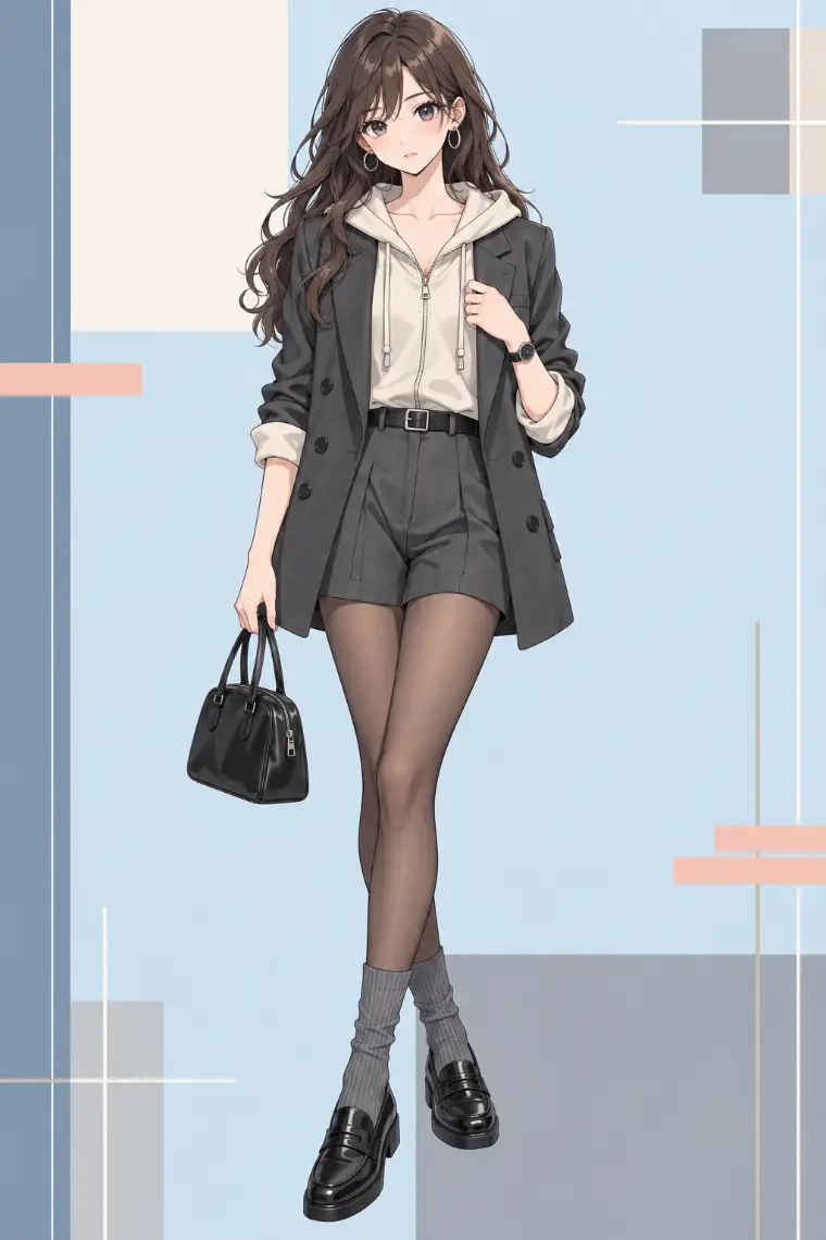 AIイラスト版｜チャコールのダブルブレストブレザー、クリームのジップパーカー、タックショーツ、黒ペニーローファー