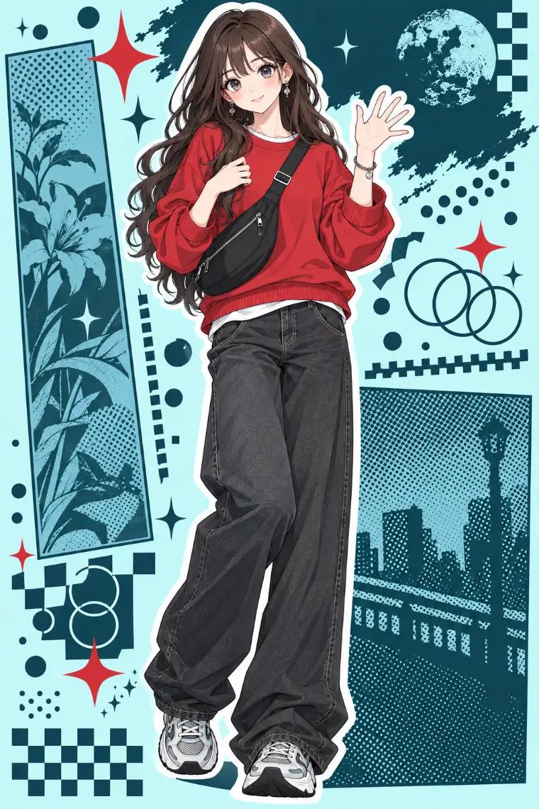 AIイラスト版｜赤のオーバーサイズスウェット、白Tシャツの裾見せ、色落ちブラックの極太デニム