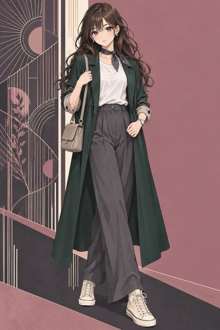 AIイラスト版｜深緑のロングコート、白Tシャツ、チャコールのワイドスラックス、細柄のネックスカーフ