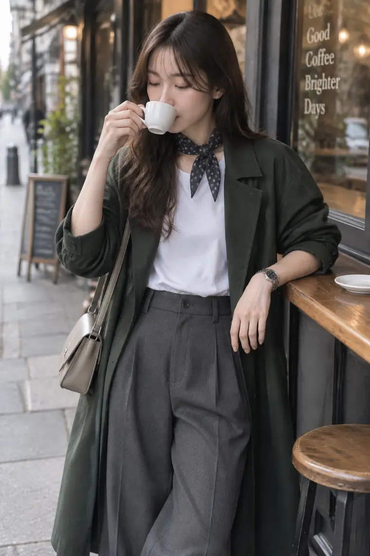 実写AI版｜深緑のロングコート、白Tシャツ、チャコールのワイドスラックス、細柄のネックスカーフ