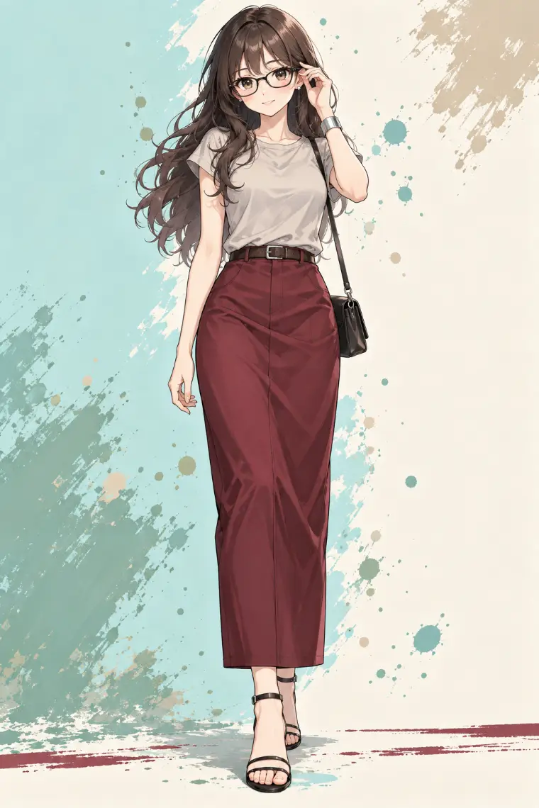AIイラスト版｜淡グレージュの半袖Tシャツ、ボルドーのストレートマキシスカート、黒の細ストラップサンダル