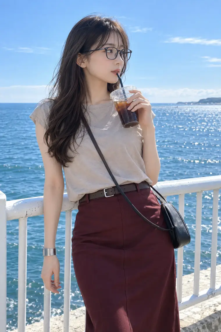 実写AI版｜淡グレージュの半袖Tシャツ、ボルドーのストレートマキシスカート、黒の細ストラップサンダル