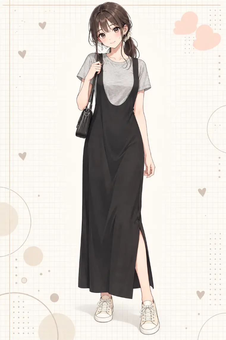 AIイラスト版｜ライトグレーTシャツ、深いUネックとサイドスリットの黒ロングジャンパースカート、クリーム色スニーカー
