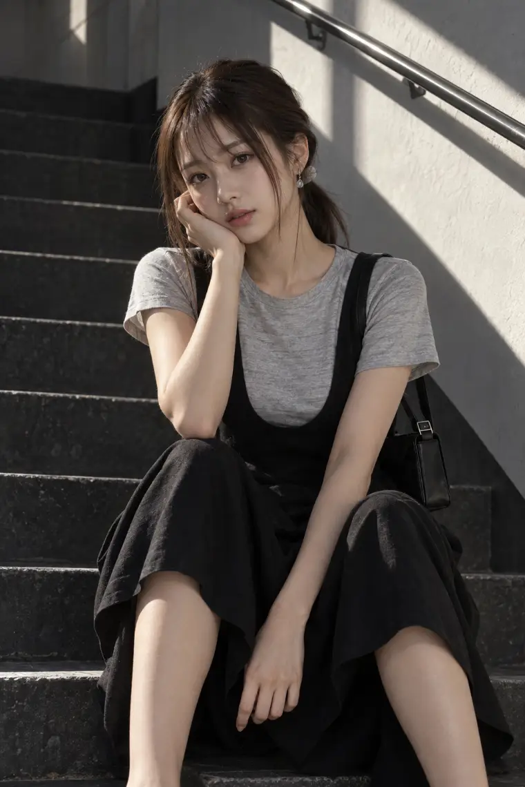 実写AI版｜ライトグレーTシャツ、深いUネックとサイドスリットの黒ロングジャンパースカート、クリーム色スニーカー