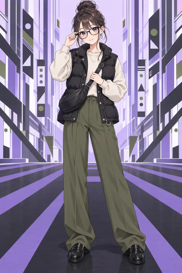 AIイラスト版｜黒キルティングベスト、クリームスウェット、オリーブのワイドパンツ、黒ペニーローファーとスリングバッグ