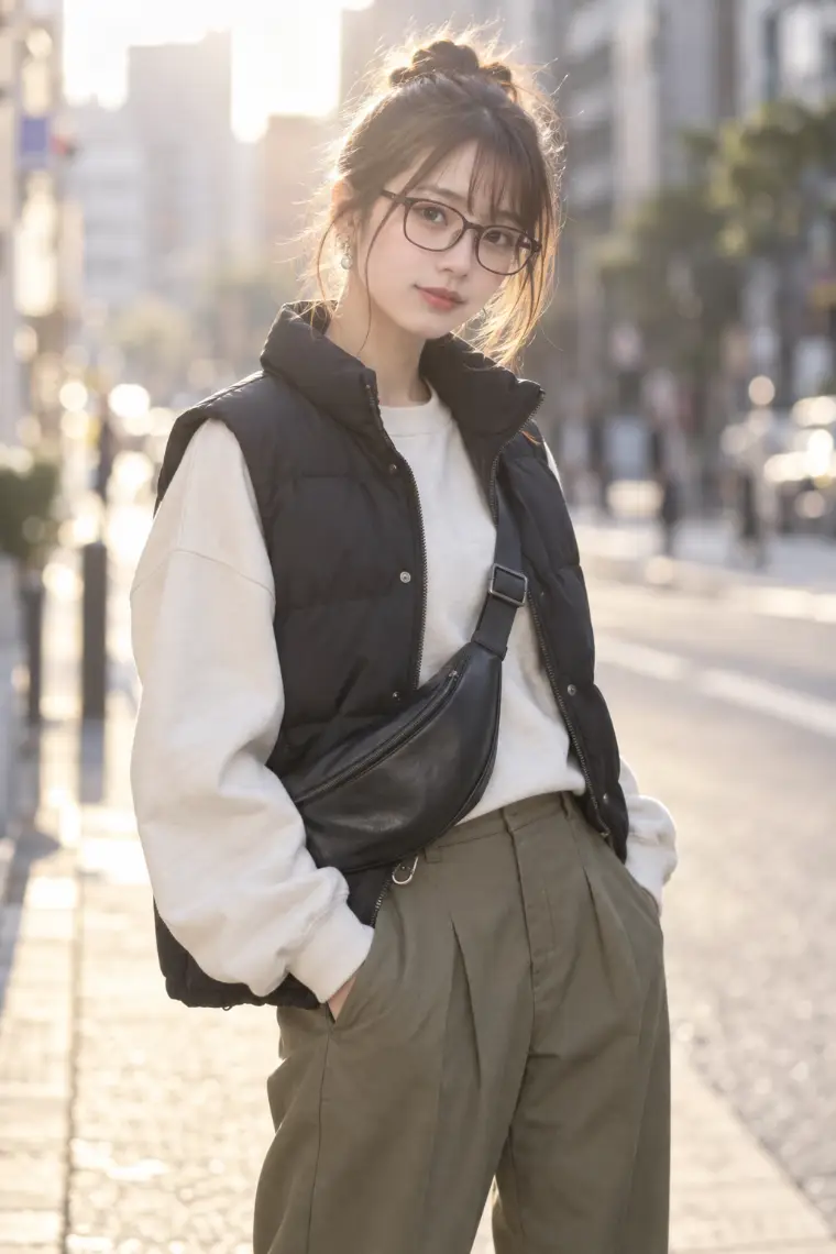 実写AI版｜黒キルティングベスト、クリームスウェット、オリーブのワイドパンツ、黒ペニーローファーとスリングバッグ