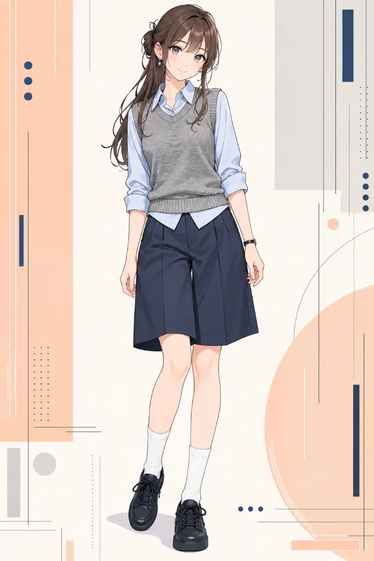 AIイラスト版｜杢グレーのニットベスト、淡ブルーのロールアップシャツ、ネイビーの膝丈バミューダショーツ