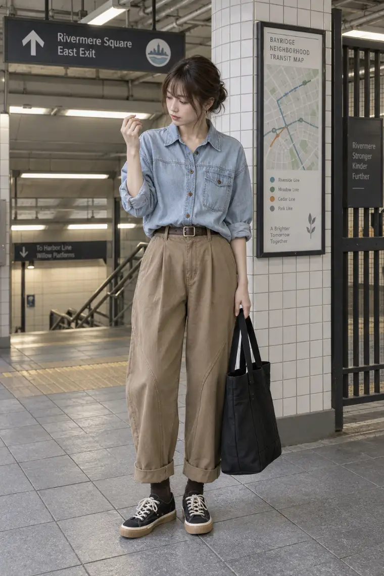 実写AI版｜淡ブルーのデニムシャツ、裾折り返しのキャメルバレルパンツ、黒のローカットスニーカー