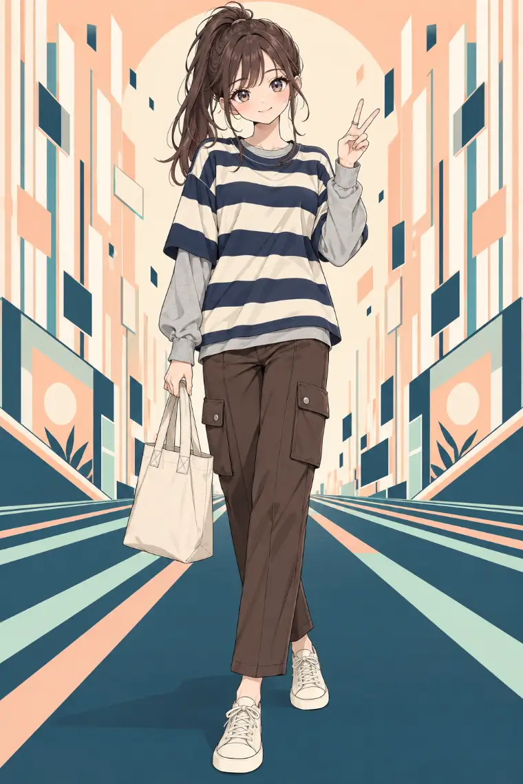 AIイラスト版｜ネイビー×エクリュの太ボーダーTシャツ、グレーの長袖インナー、ブラウンのカーゴパンツ、生成りのトート
