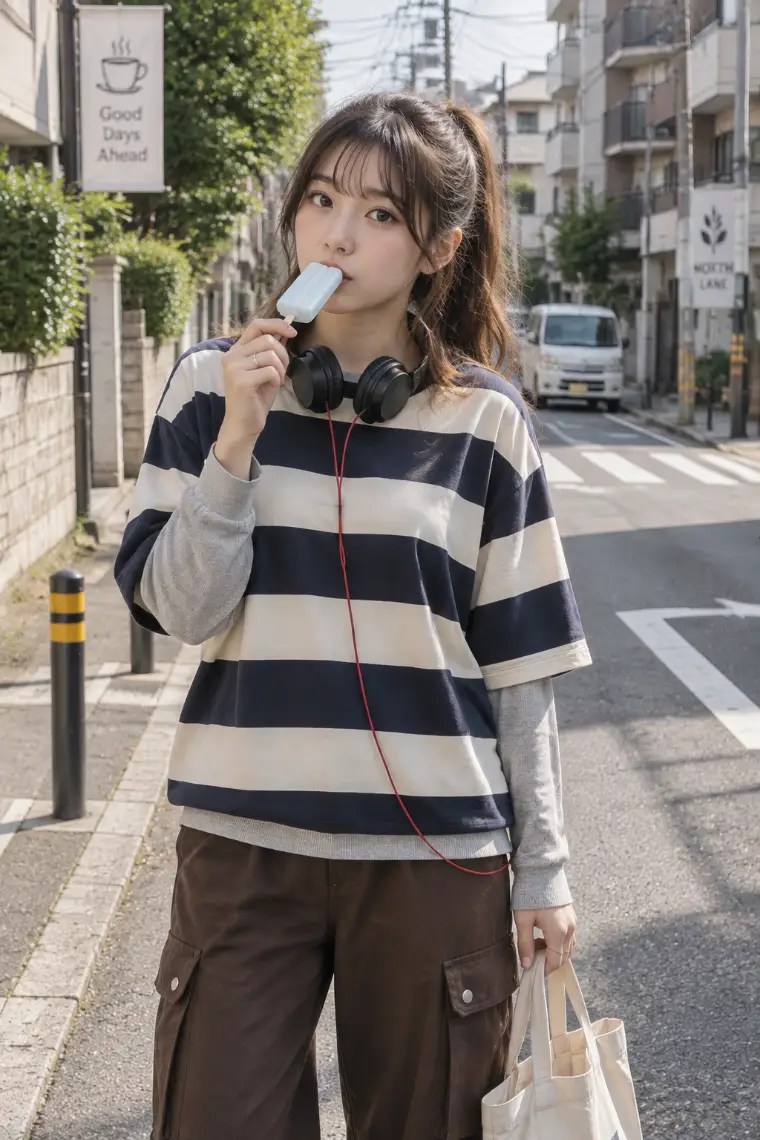 実写AI版｜ネイビー×エクリュの太ボーダーTシャツ、グレーの長袖インナー、ブラウンのカーゴパンツ、生成りのトート