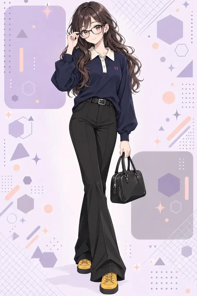 AIイラスト版｜クリーム襟のネイビー長袖ポロ、黒フレアパンツ、マスタードイエローのスニーカー、黒縁メガネ