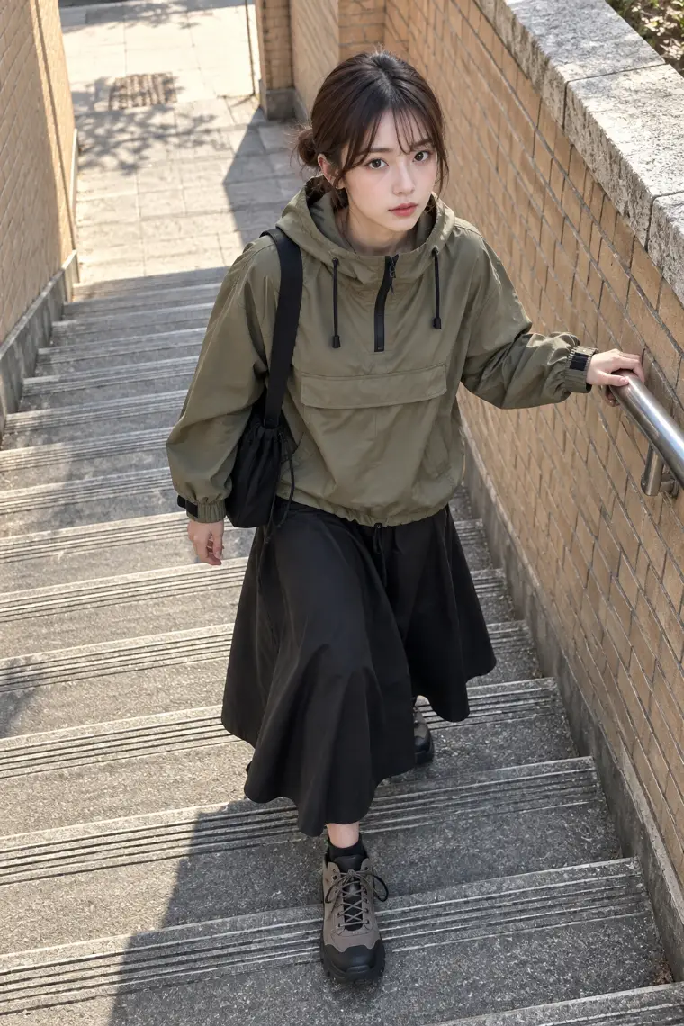 実写AI版｜くすみオリーブのフード付きアノラック、黒Aラインロングスカート、トープグレーの厚底スニーカー、黒巾着バッグ