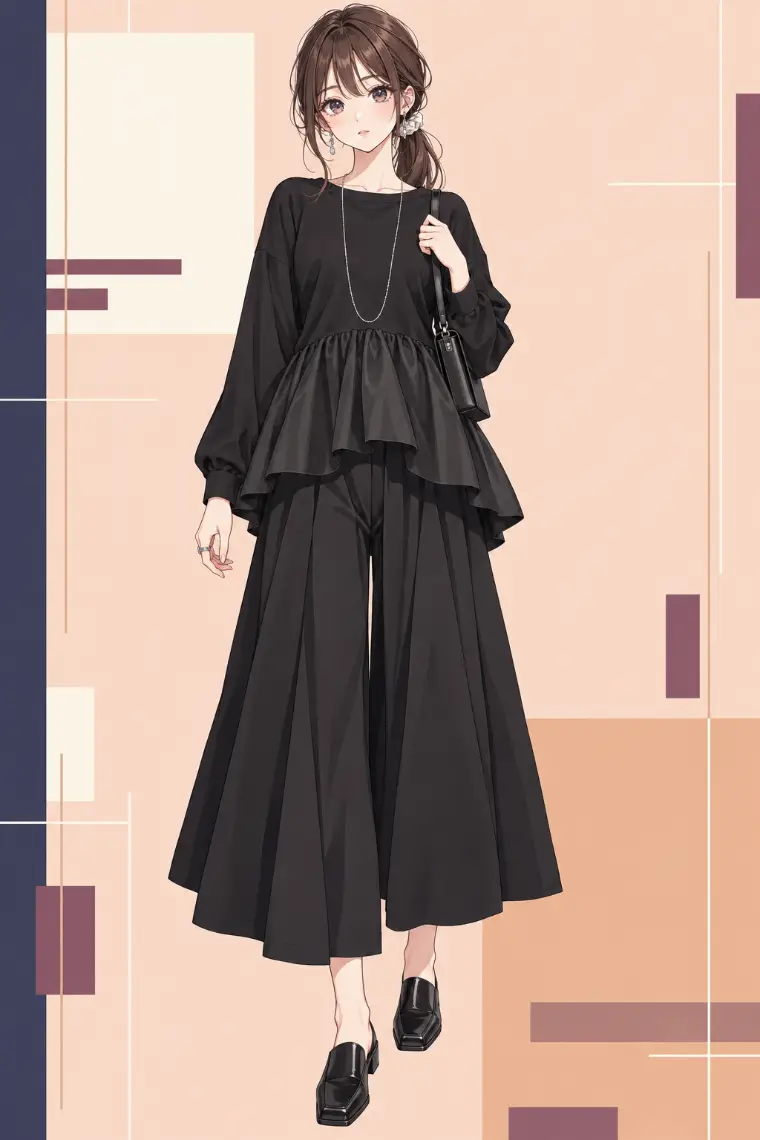 AIイラスト版｜黒のギャザーペプラムトップス、スカート風のワイドキュロット、黒のスクエアトゥスリッポンとシルバーチェーン