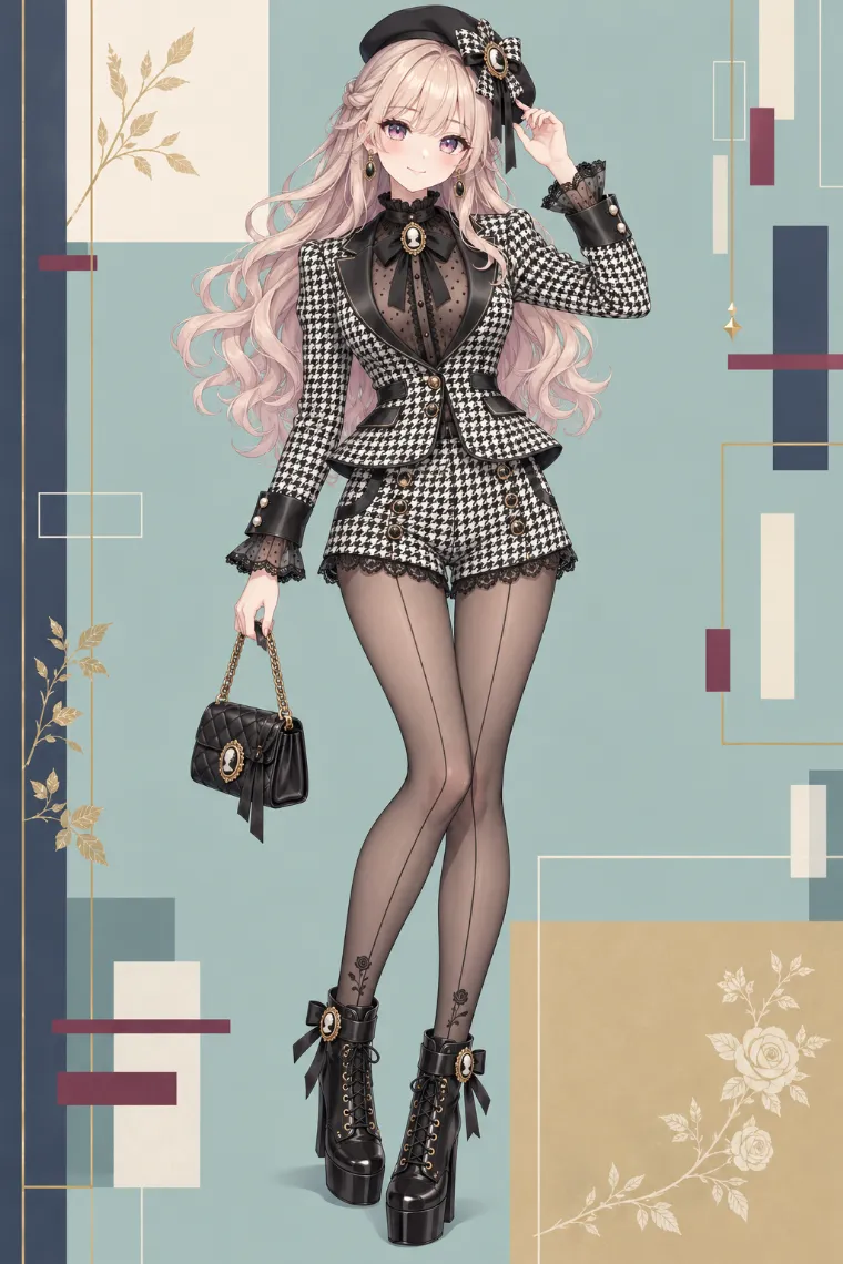 AIイラスト版｜千鳥格子ジャケットとショートパンツに黒の厚底編み上げブーツを合わせたお姉さん地雷コーデ