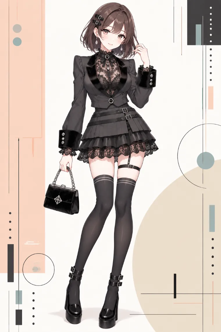 AIイラスト版｜チャコールのクロップドジャケットと黒レース、レイヤードミニスカートのお姉さん地雷コーデ