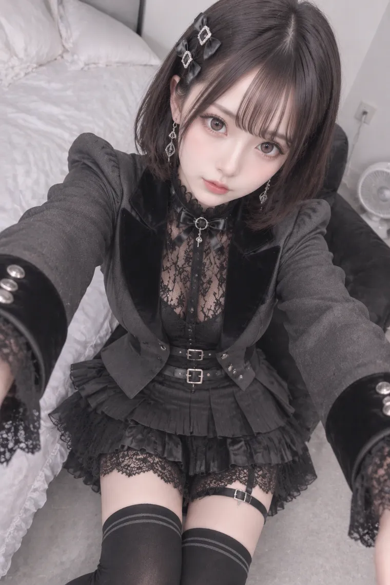 実写AI版｜チャコールのクロップドジャケットと黒レース、レイヤードミニスカートのお姉さん地雷コーデ